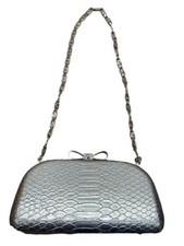 Small Silver Evening Clutch with Chain Strap Rhinestone Bow