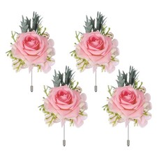 4 Pcs Bright Pink Boutonnieres for Men, Artificial Flower Buttonholes Pocket