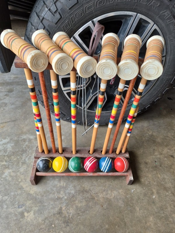 Vintage Wood Croquet Set 6-Player Stand Wicketts Double Stripe Complete Forster?