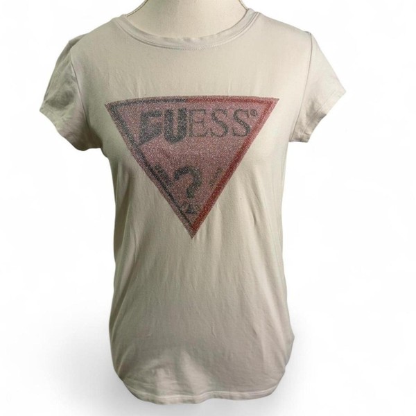Guess white baby tee with pink glitter logo Size M y2k T-shirt Glitter