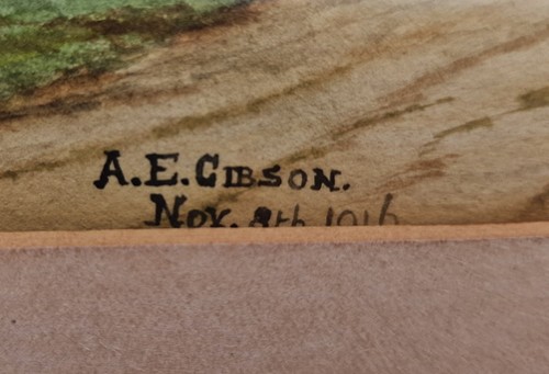 Antique 1916 A.E. Gibson Signed Watercolour, Country Cottage & Chickens, Gilt (photo 3)