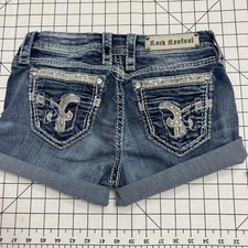 Rock Revival Shorts Womens 27 Blue Denim Cuffed Cut Off Rhinestone Back Pockets