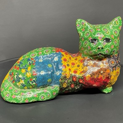 Vintage MAM Originals Folk Art Cat Sculpture Textile Patchwork Mixed Media Art