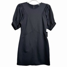 EXPRESS Black Puff Sleeve Mini Dress V-Seam Knit Stretch LBD Women's Sz XS