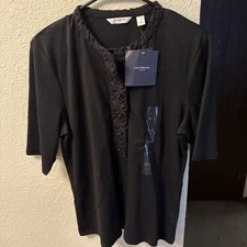  Liz Claiborne Black Short Sleeve Top Lace Neckline Size L NWT