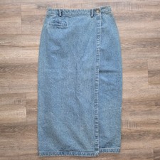 Vintage British Khaki Blue Denim Wrap Midi Skirt 90s Casual 12 3