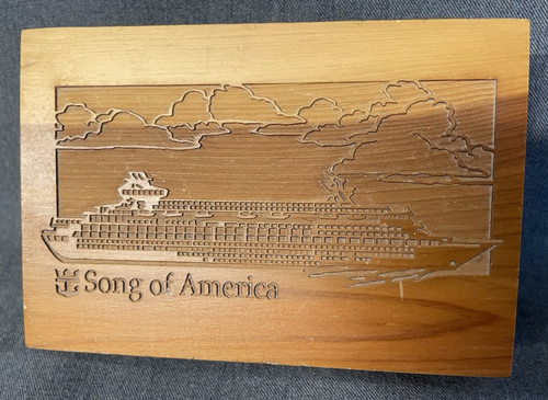 VINTAGE ROYAL CARRIBEAN CRUISE LINE "SONG OF AMERICA ENGRAVED SOUVENIR CEDAR BOX