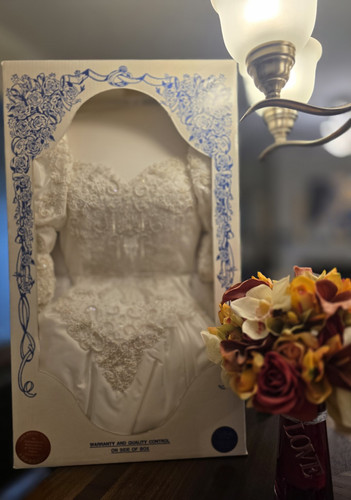 White Satin Lace Vintage Wedding Dress with Lace Details in Display Box