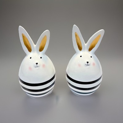 2- Modern Black & White Striped Easter Egg Shaped Bunny w/Gold Ears Set 7'' NEW!