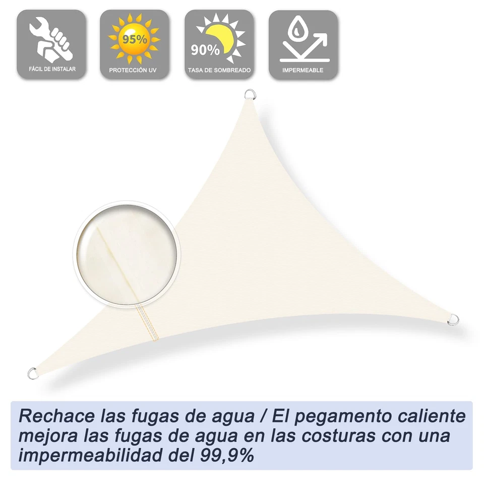 Sunnylaxx 3x3x3m Impermeable Toldo Vela de Sombra Triangular Caqui Claro Toldos - Imagen 2 de 4