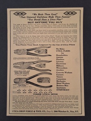 Antique Utica Drop Forge & Tool Co. Pliers - 1914 AD Art Decor