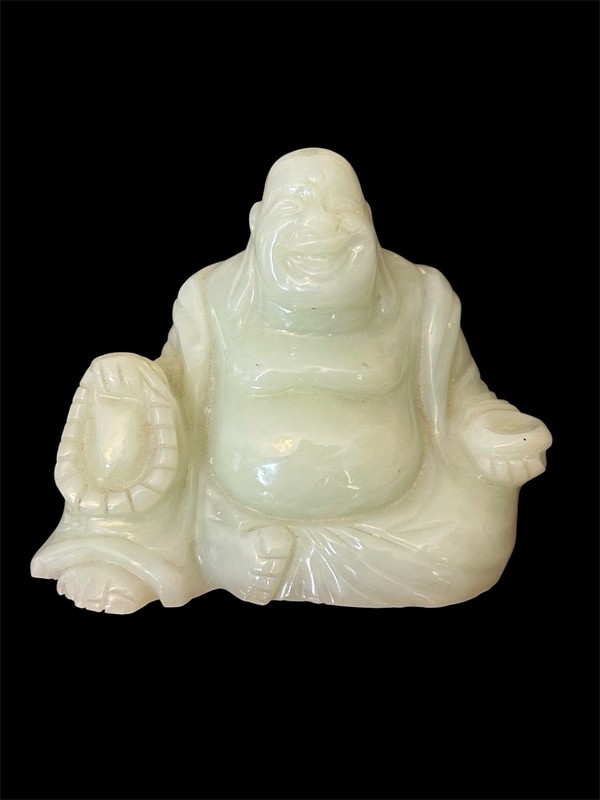 Antique Chinese Pale Green Serpentine Jade Happy Buddha Figurine 3.5" Statue
