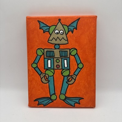 Original Art: Robot  8  X 6  Canvas Orange Background Green/Gold Robot