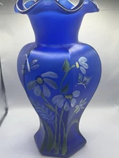 Fenton Art Glass Vase Cobalt Blue Hand Painted By Melissa Caplinger