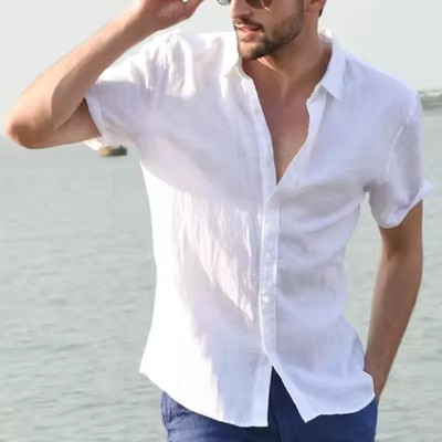 Men's Summer Linen Short Sleeve Shirt Casual Solid Button-Down