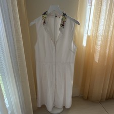 Elie Tahari White Sleeveless Shirt Dress Beaded Floral Collar Size 12