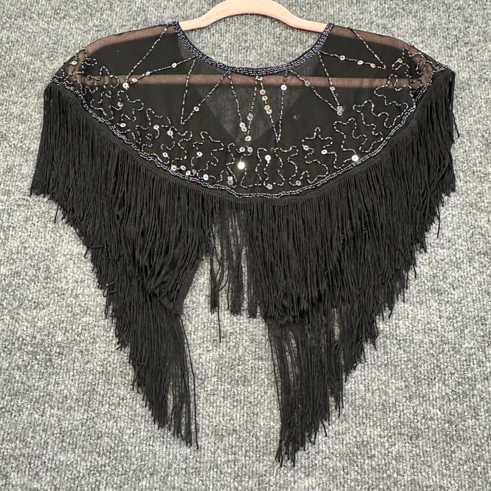 Mantón con flecos de malla de lentejuelas con cuentas negras estilo aleta vintage Foto 2 de 4
