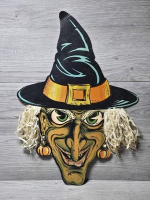 1940s RARE Halloween Beistle Wicked Witch Face Crepe Hair Die Cut Out 20''x14''