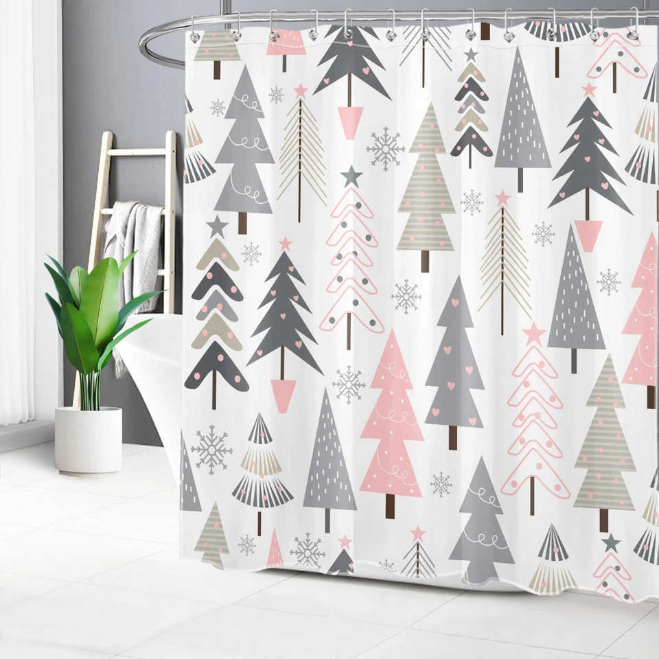 Juego de accesorios de baño cortina de ducha árbol de Navidad geométrico rosa y gris Foto 4 de 4