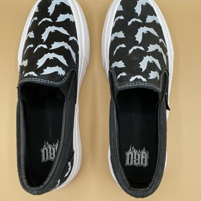 YRU Chill Slip On Sneakers Women s Size 7 Black White Bat Print Halloween Goth