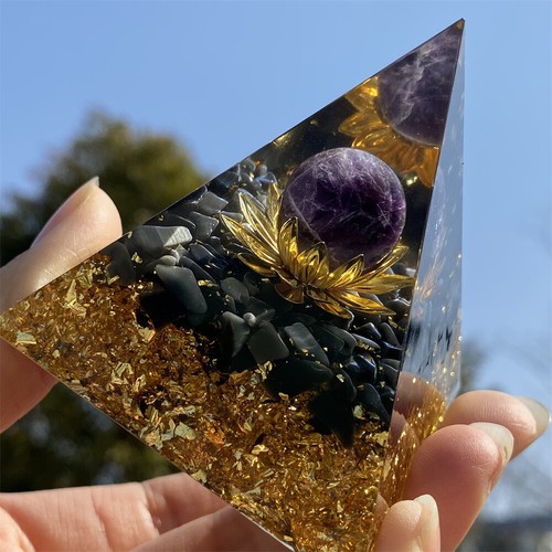 1pc Orgonite Pyramid Lotus Dreamy Amethyst Sphere with Obsidian Gem Chakra - Picture 11 of 12