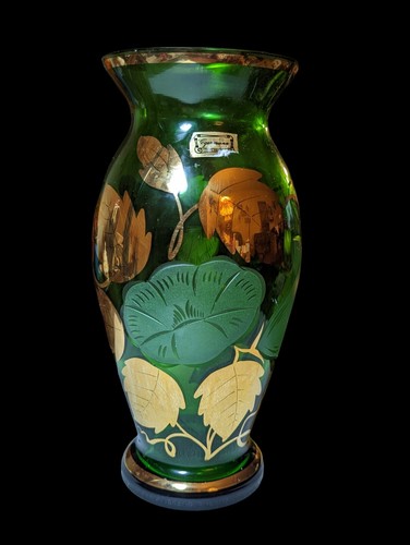 Vintage Venetian Czech Egermann Green Glass Gold Gild Vase with Etched Flowers - Picture 3 of 7