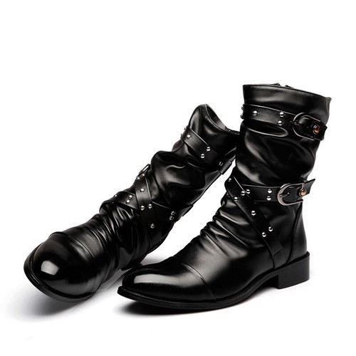Scarpe stivali moto uomo moda pelle PU borchie fibbia cinturini pile - Foto 2 di 9