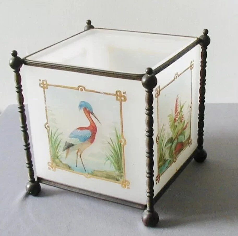 Vaso antigo bronze opalino vidro cache caixa de tecido Jardiniere Chinoiserie - Imagem 4 de 4