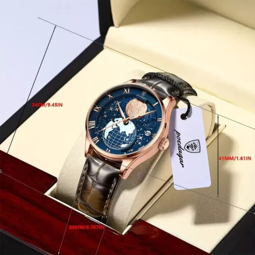 Luminous Quartz POEDAGAR Watch - Men's Wrist Watch with Calendar, Leather Strap