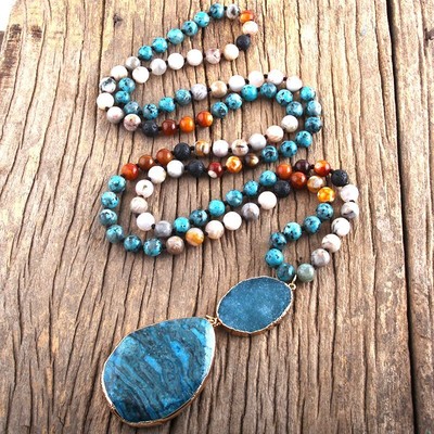 Semi Precious Pendant Necklace 108 Beads Chain Multicolor Stone Charms Necklaces