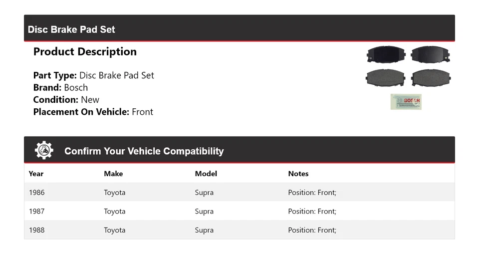 Pastillas de freno delanteras de cerámica azul 1987 para Toyota Supra Bosch 1986-1988 Foto 2 de 3