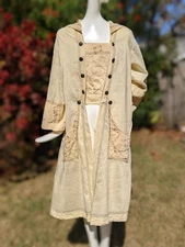 ARTISTIC EDWARDIAN IVORY CREAM RAW SILK DRESS WITH WATERCOLOR BLOCK PRINT