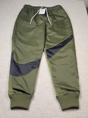 NIKE NSW Jogger Pants Medium Men Olive Green Black Woven Big Swoosh Logo Tapered