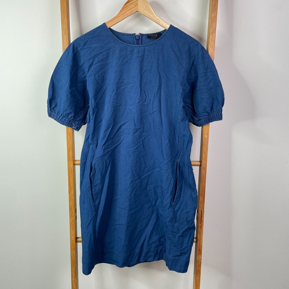 COS Womens Mini Dress 34 Blue Denim Relaxed Puff Sleeve Pockets Casual Summer