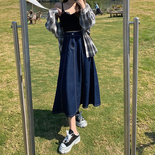 Ladies Denim Pleated Skirt High Elastic Waist Casual Loose Jean Half Dress Swing - Picture 6 of 12