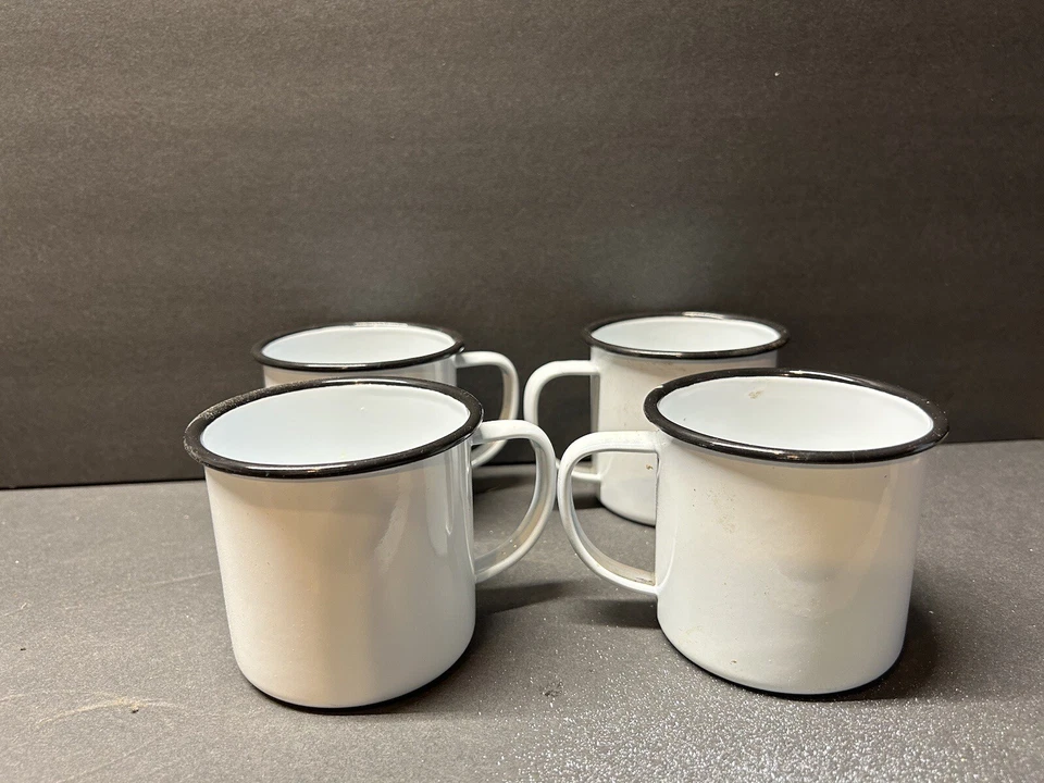 Nuevo con etiquetas Juego de 4 tazas de café de té Crow Canyon esmalte blanco con borde negro Foto 3 de 4
