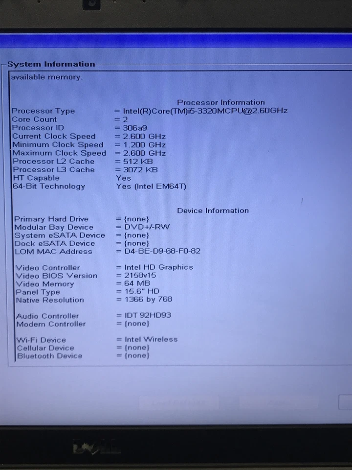 Dell Latitude E6530 15.6'' Laptop i5-3320M 4GB RAM No HDD No OS Boots/Bios H3179 - Image 3 of 4