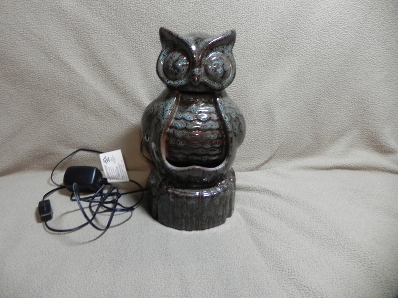 Ceramic Green & Brown Mottled Glazed Owl Fountain AA