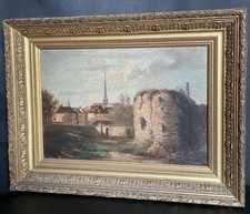 Antyczny obraz olejny Małe miasteczko Ruiny wieży Kościół Krajobraz Romantyzm 19. Jhd.