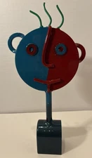 Vintage Folk Art Sculpture Heavy Iron Face Paints & Signed Doorstop