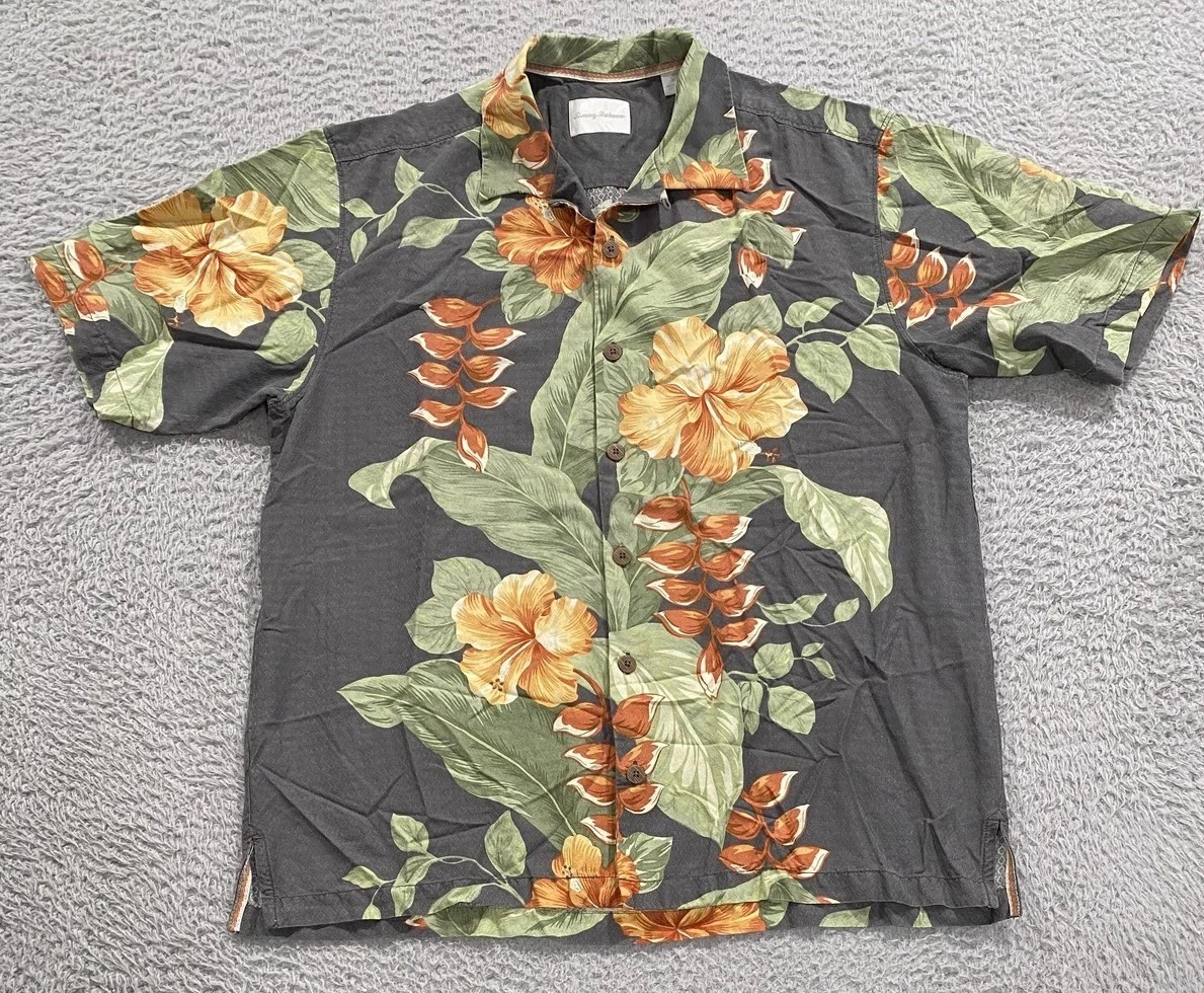 Tommy Bahama Shirt Mens Medium Gray Silk Hawaiian Floral Camp Button Front