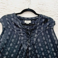 Blouse Size XL Peplum Black White Crinkle Boho Dark Steampunk Fairy Goth Lace-Up