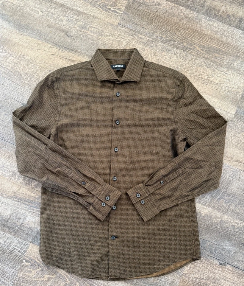 Camisa de Vestir Express Para Hombres Talla S Negra Marrón Camisa de Vestir con Botones EXCELENTE ESTADO Foto 3 de 4