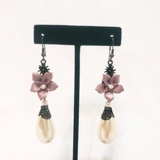 Floral Flower Teardrop Faux Pearl Dangle Drop Hook Pierced Earrings 2.5"