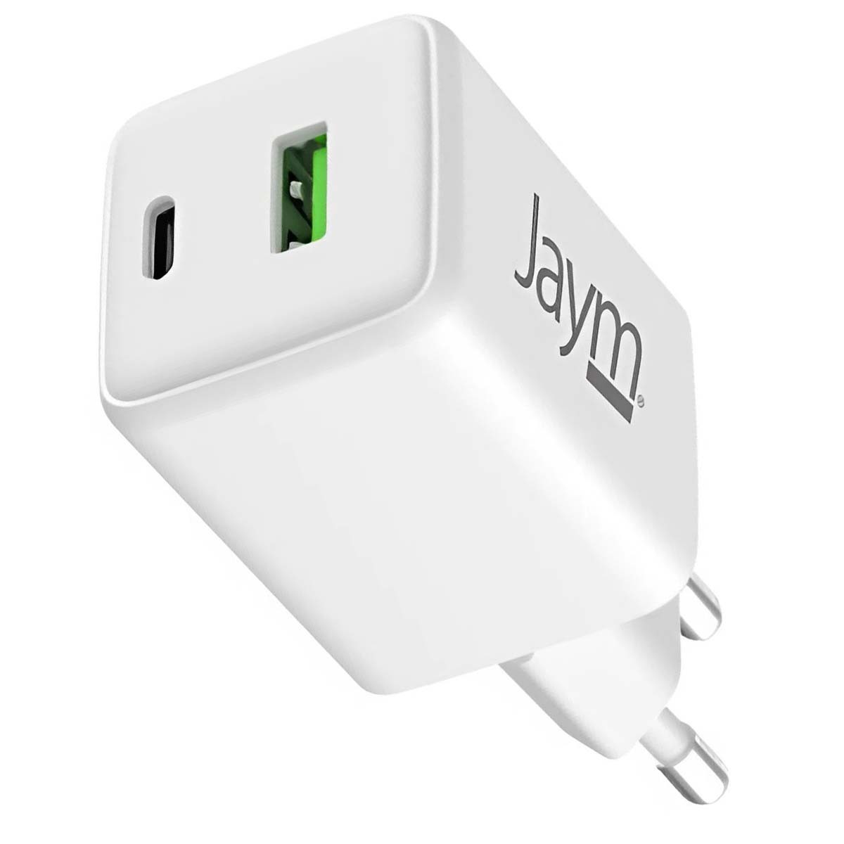 Chargeur GaN 30W USB-C et USB-A blanc compact de Jaym pour smartphone