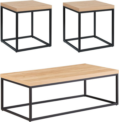 3-Piece Natural Oak Coffee & End Table Set - Modern Industrial Design