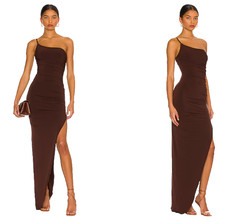Nookie Aria One Shoulder Asymmetrical Gown Maxi Ruched brown SIZE S  $279MSRP