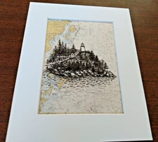 Matted Original ISLE AU HAUT, Maine Light, Lighthouse Drawing on Nautical Chart