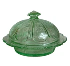 Jeanette Glass Covered Dish Green Cherry Blossom Vintage Butter Honey