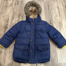 Boys Boden 2-3Y Blue Puffer Coat with Faux Fur Trim And Yellow Accents